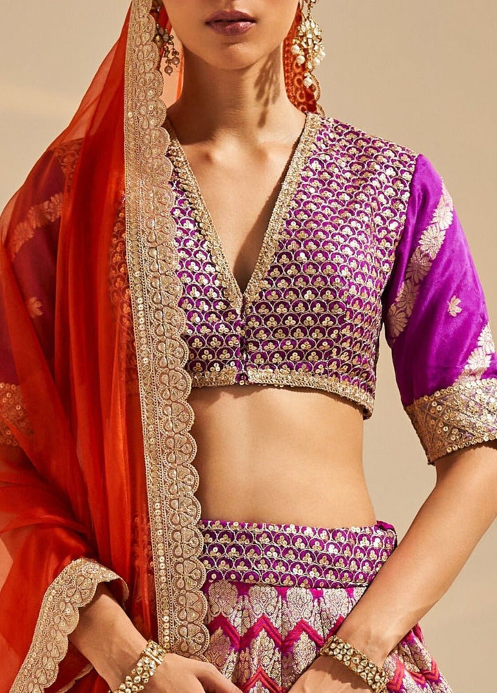 Purple Embroidered Banarsi Silk Lehenga Set Studio Iris - Fabilicious Fashion
