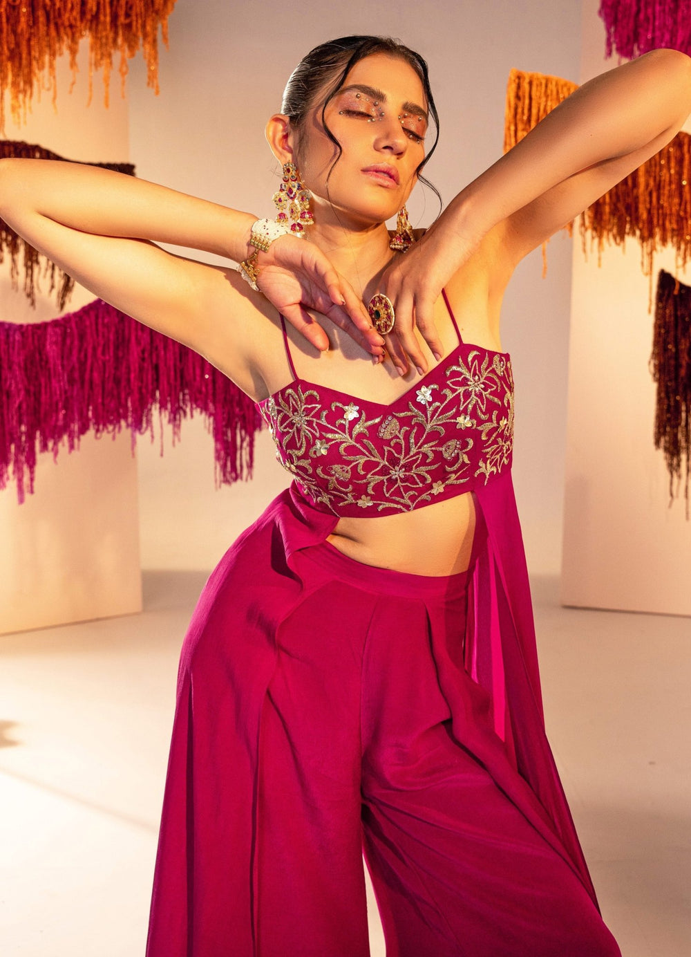 Purple Embroidered Blouse And High Waist Flared Pants Silky Bindra - Fabilicious Fashion