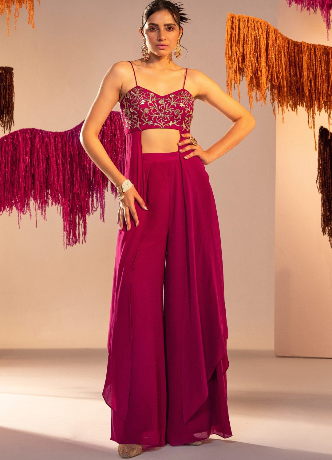Purple Embroidered Blouse And High Waist Flared Pants Silky Bindra - Fabilicious Fashion