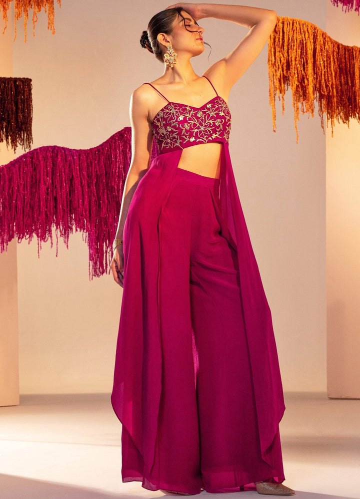 Purple Embroidered Blouse And High Waist Flared Pants Silky Bindra - Fabilicious Fashion