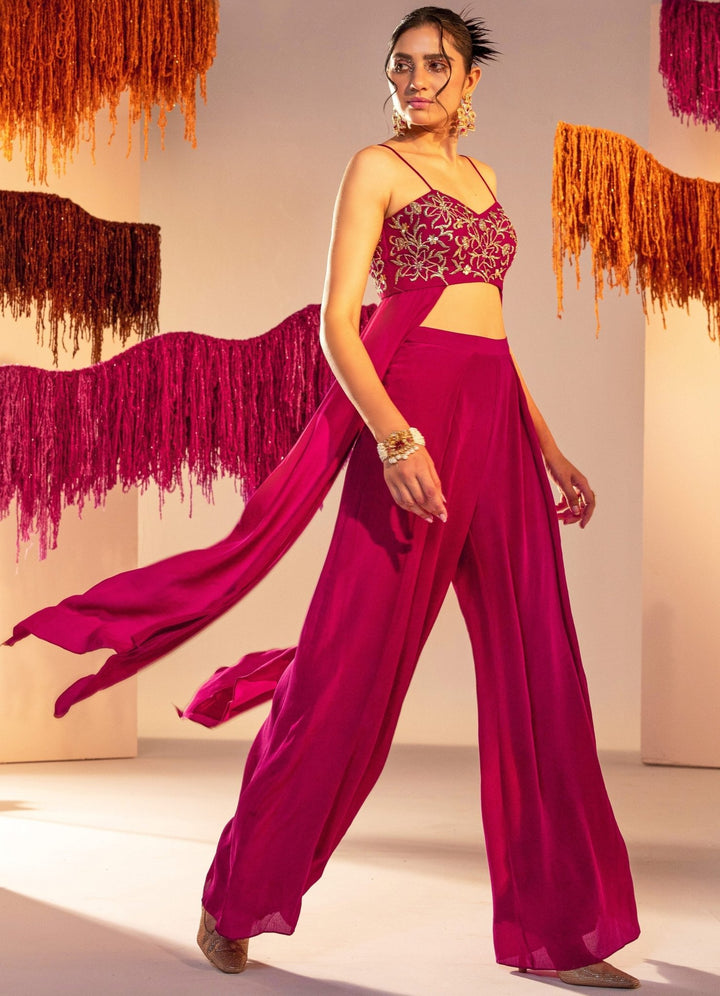 Purple Embroidered Blouse And High Waist Flared Pants Silky Bindra - Fabilicious Fashion