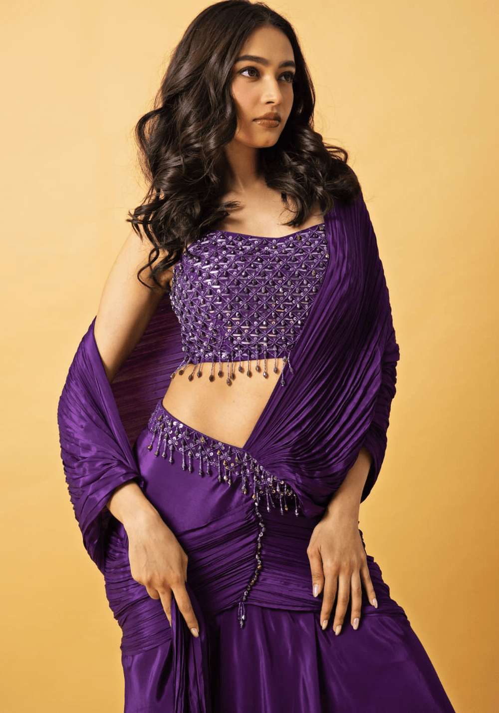 Purple Embroidered Pre Draped Saree Quench A Thirst - Fabilicious Fashion
