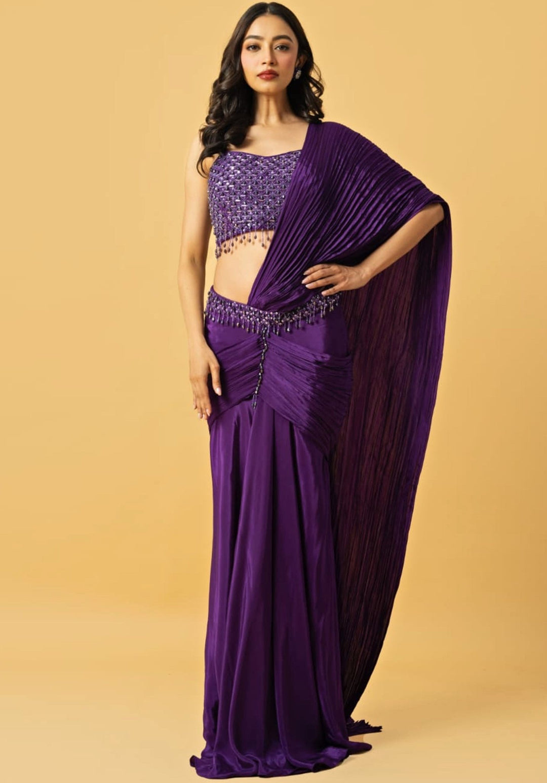 Purple Embroidered Pre Draped Saree Quench A Thirst - Fabilicious Fashion