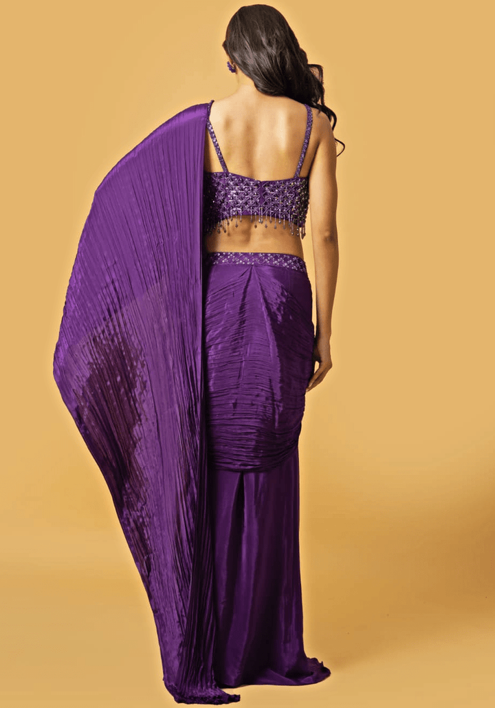 Purple Embroidered Pre Draped Saree Quench A Thirst - Fabilicious Fashion