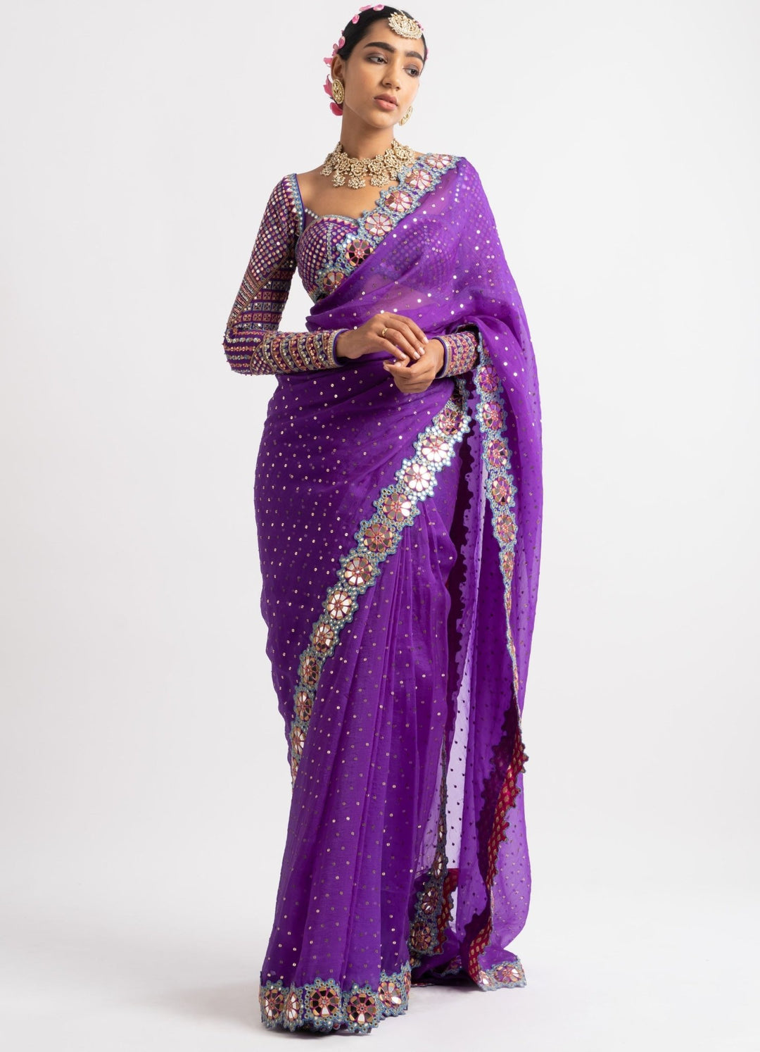 Purple Hand Cut Mirror Border Saree Set Vvani by Vani Vats - Fabilicious Fashion