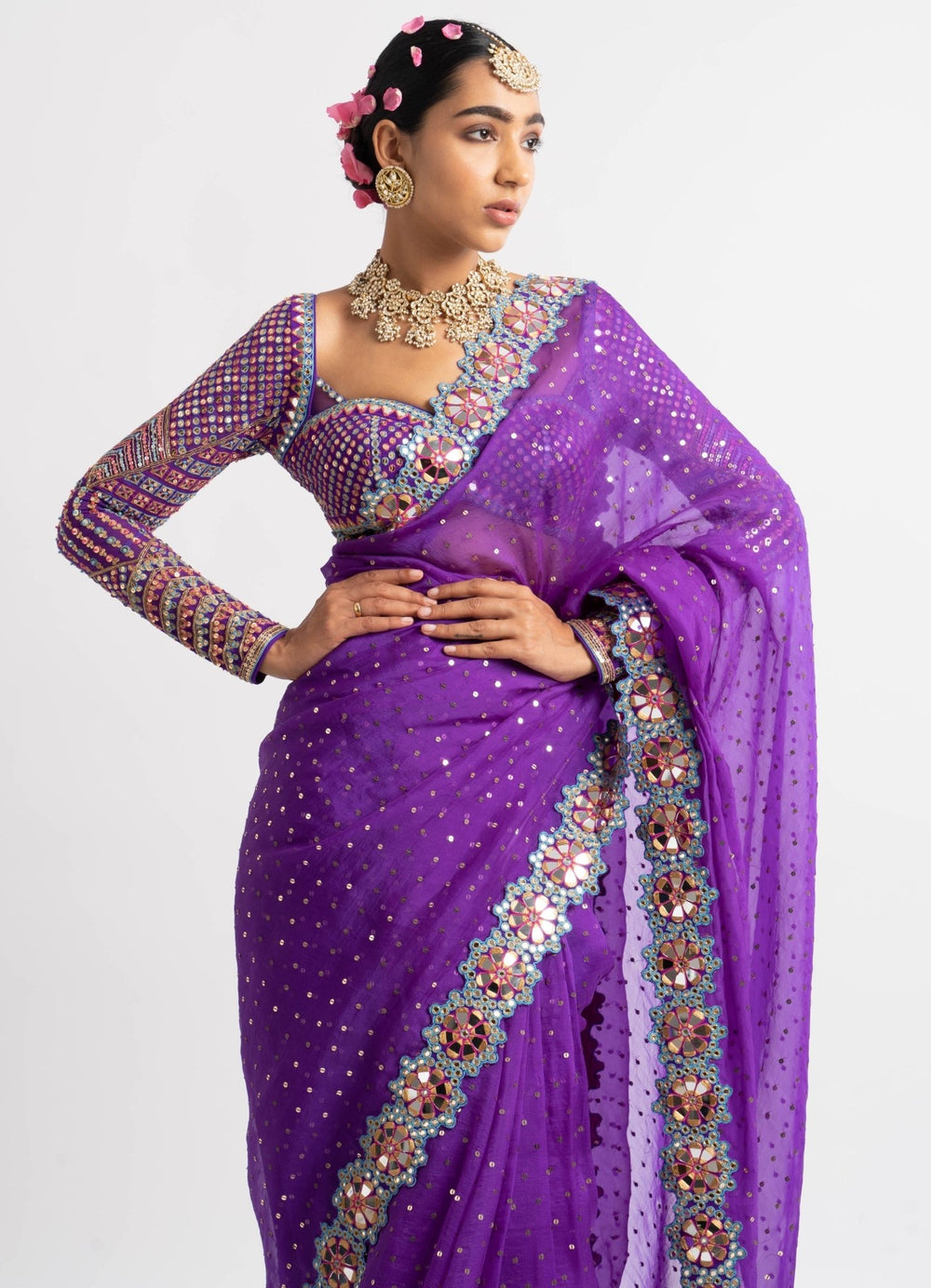 Purple Hand Cut Mirror Border Saree Set Vvani by Vani Vats - Fabilicious Fashion