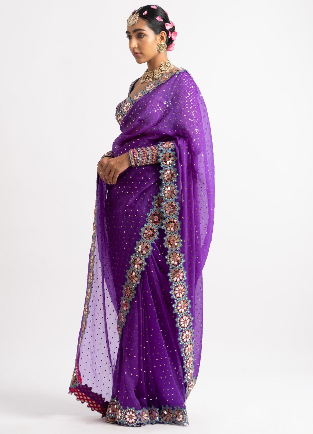 Purple Hand Cut Mirror Border Saree Set Vvani by Vani Vats - Fabilicious Fashion