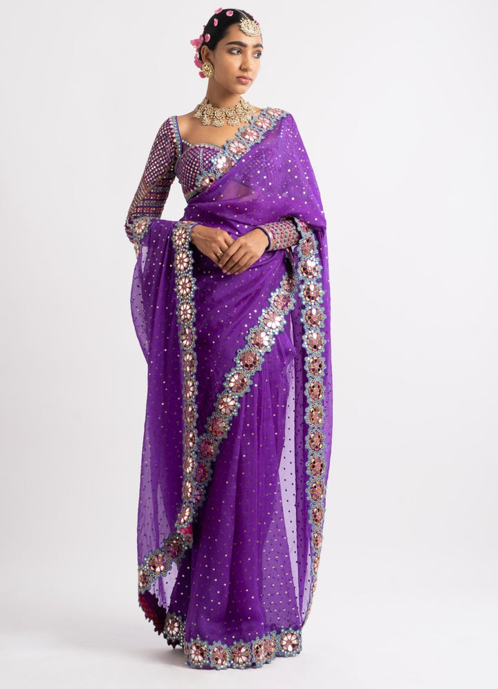 Purple Hand Cut Mirror Border Saree Set Vvani by Vani Vats - Fabilicious Fashion