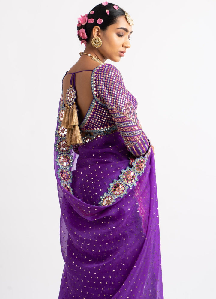 Purple Hand Cut Mirror Border Saree Set Vvani by Vani Vats - Fabilicious Fashion