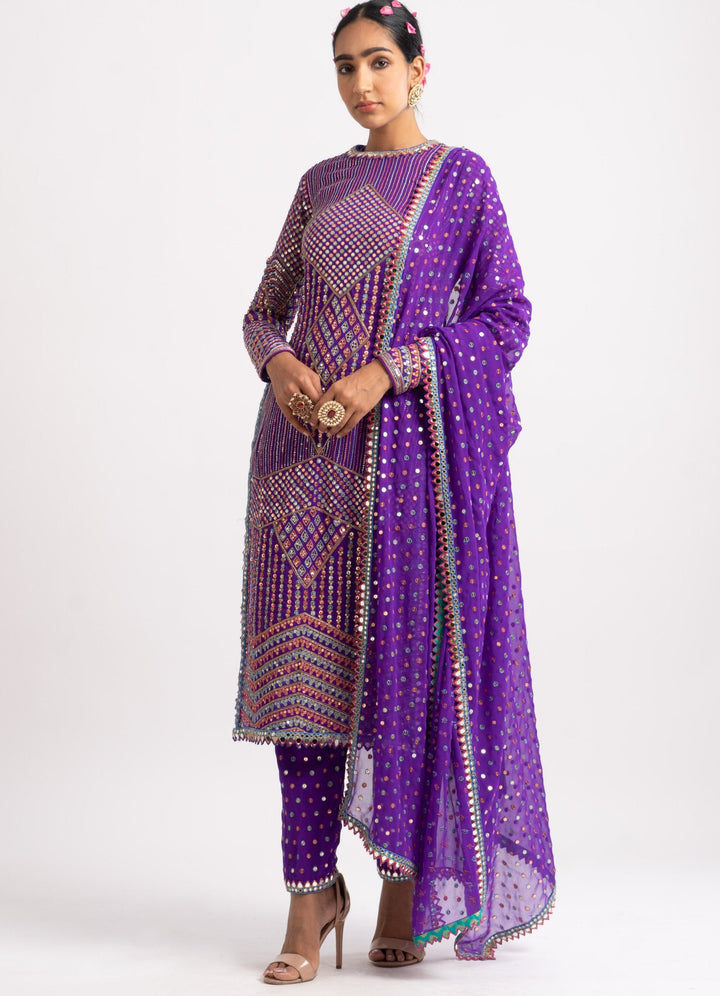 Purple Multi Embroidery Round Neck Kurta Set Vvani by Vani Vats - Fabilicious Fashion