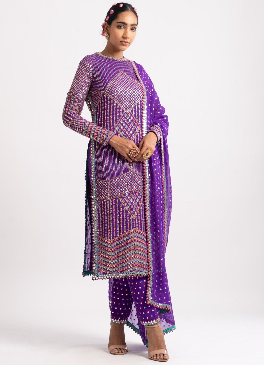 Purple Multi Embroidery Round Neck Kurta Set Vvani by Vani Vats - Fabilicious Fashion