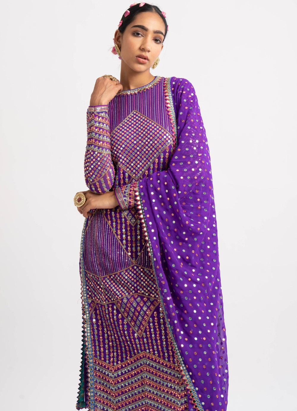 Purple Multi Embroidery Round Neck Kurta Set Vvani by Vani Vats - Fabilicious Fashion