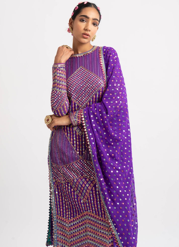 Purple Multi Embroidery Round Neck Kurta Set Vvani by Vani Vats - Fabilicious Fashion