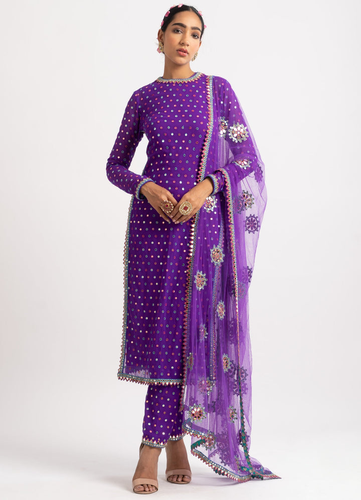 Purple Multi Polka Pant Kurta Set Vvani by Vani Vats - Fabilicious Fashion