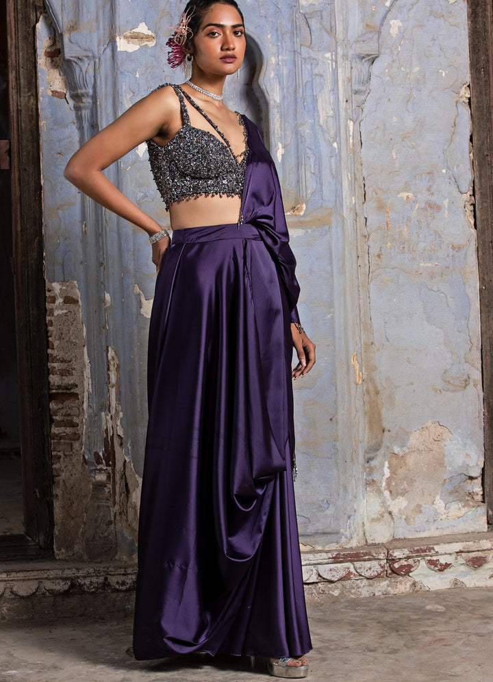 Purple Passion Drape Saree With Embellished Bustier Nitika Gujral - Fabilicious Fashion