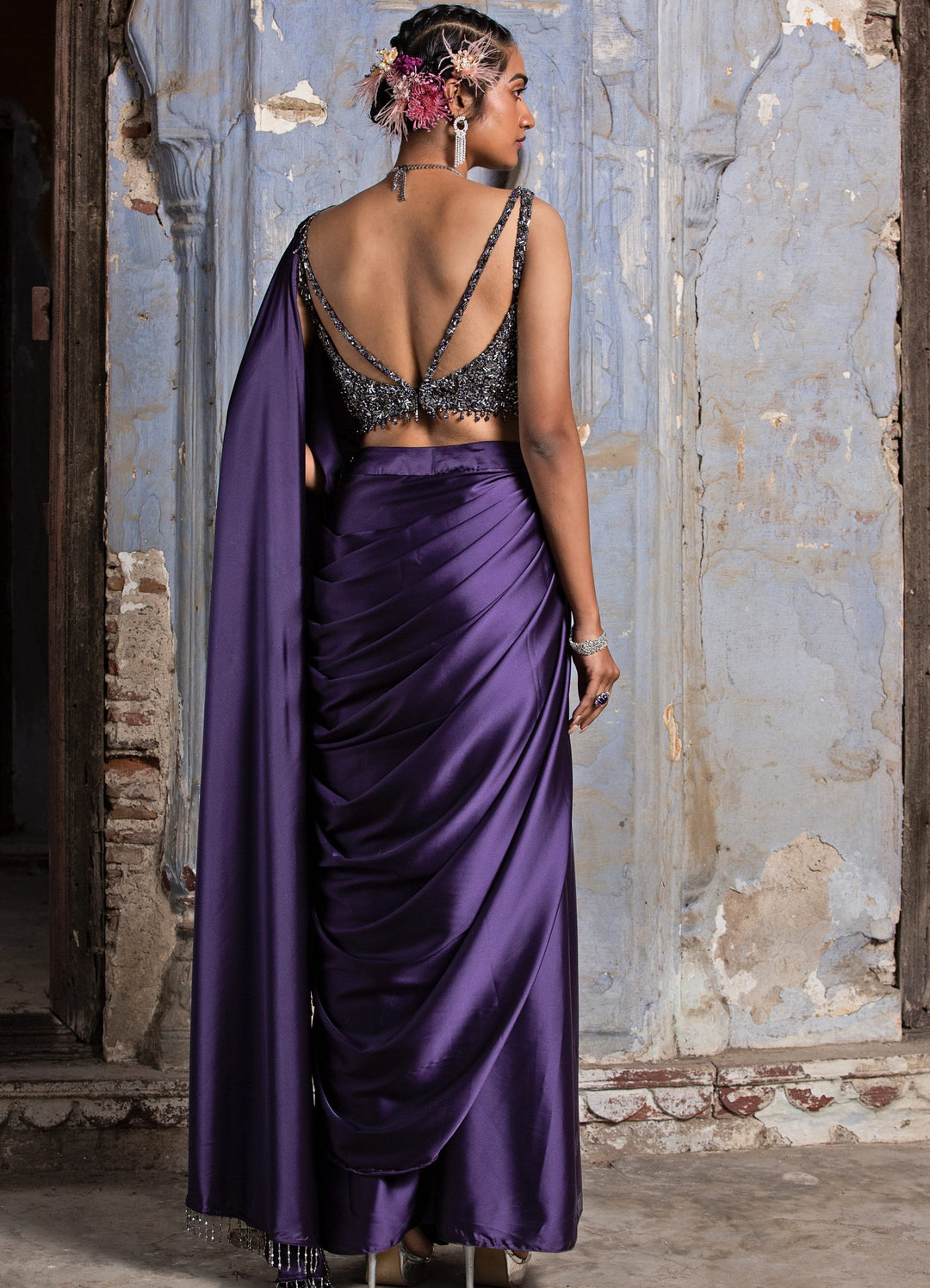 Purple Passion Drape Saree With Embellished Bustier Nitika Gujral - Fabilicious Fashion