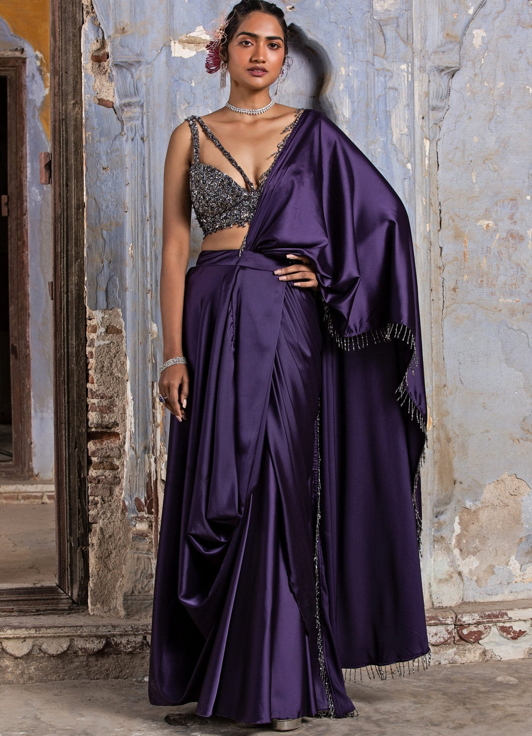 Purple Passion Drape Saree With Embellished Bustier Nitika Gujral - Fabilicious Fashion