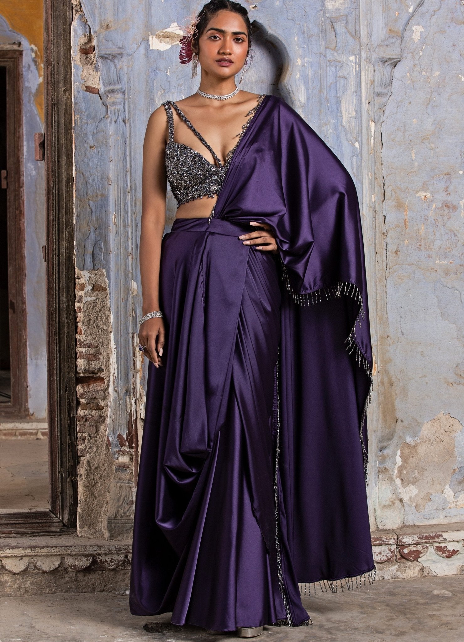 Purple Passion Drape Saree with Embellished Bustier by Nitika Gujral — contemporary cocktail saree