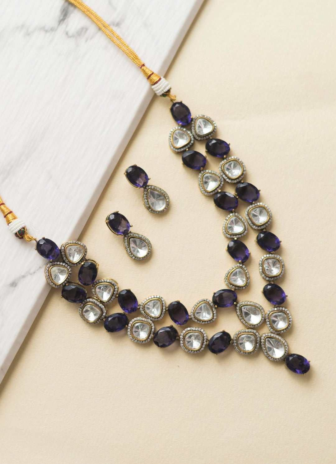 Purple Polki Double Layered Necklace Set Zevar By Geeta - Fabilicious Fashion
