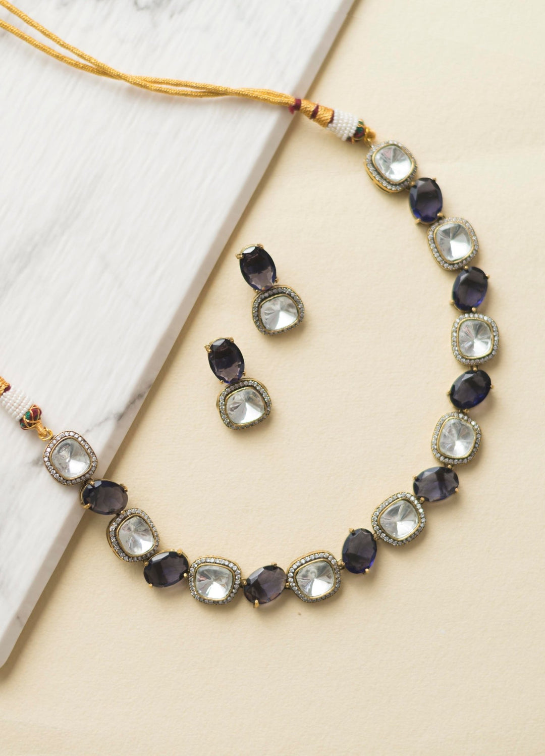 Purple Polki Necklace Set With Earrings Zevar By Geeta - Fabilicious Fashion