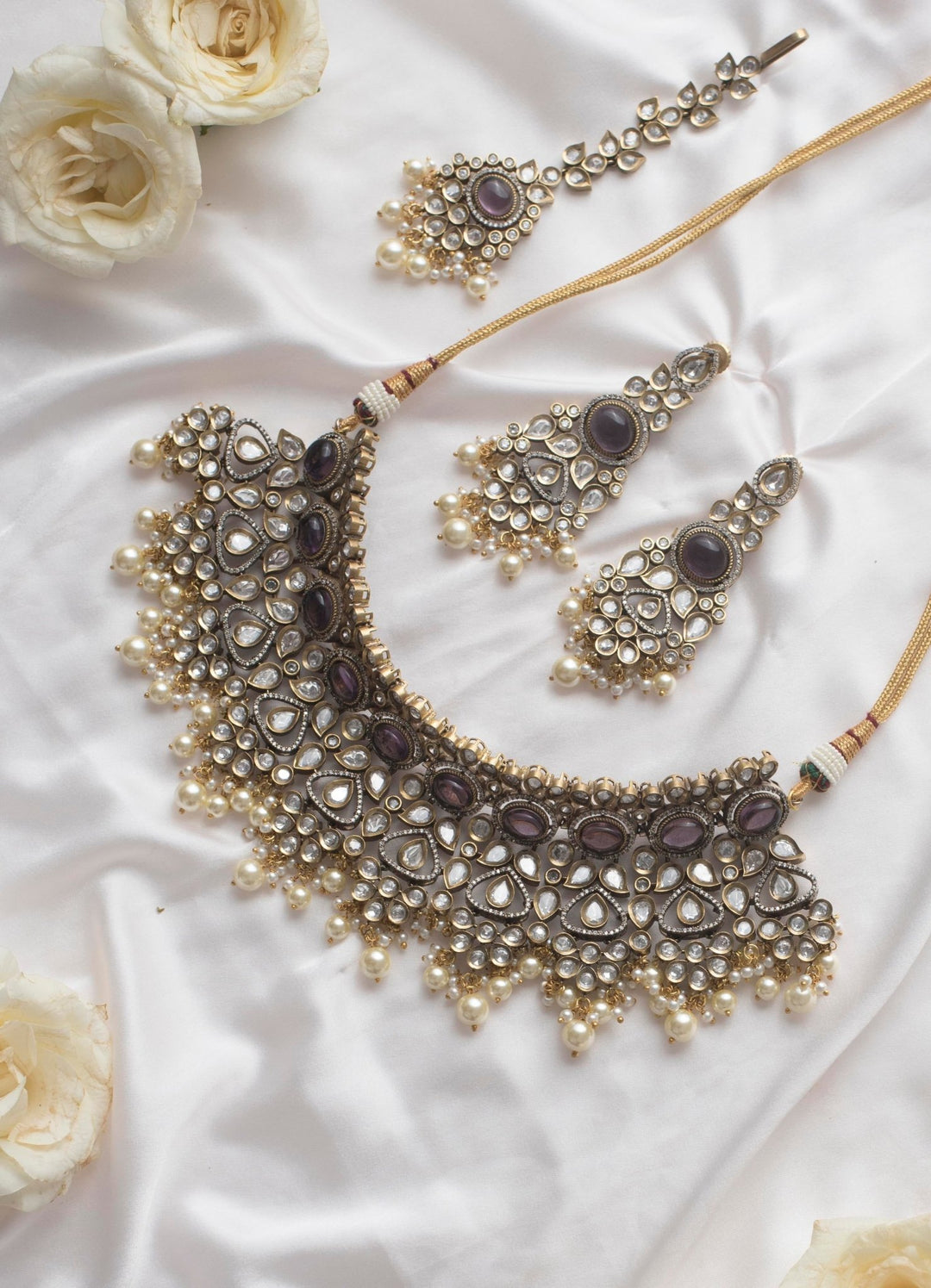 Purple Polki Necklace Set With Maang Tikka Zevar By Geeta - Fabilicious Fashion