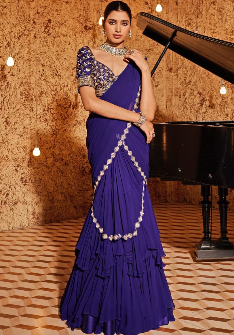 Purple pre-draped saree with traditional blouse — saree blouse comparison