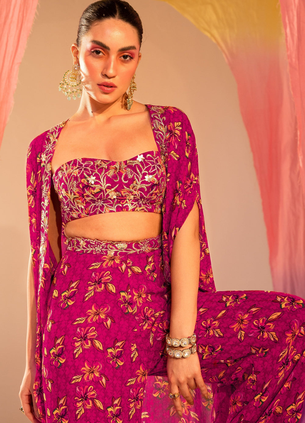 Purple Printed Cape With An Embroidered Tube Blouse And Printed Straight Pants Silky Bindra - Fabilicious Fashion