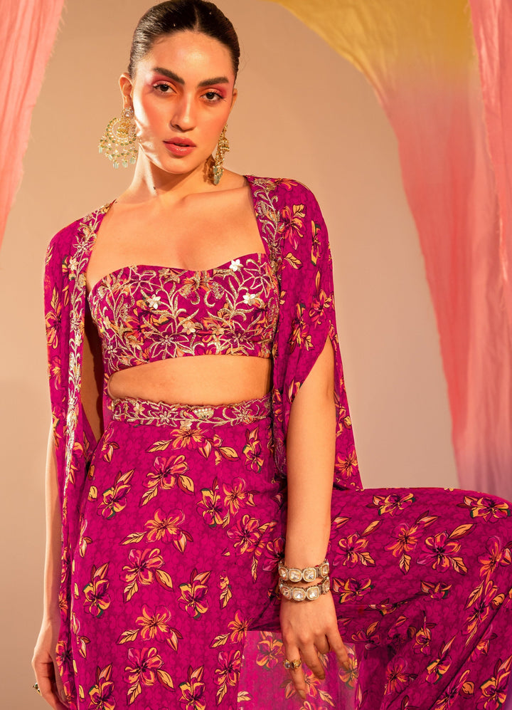 Purple Printed Cape With An Embroidered Tube Blouse And Printed Straight Pants Silky Bindra - Fabilicious Fashion