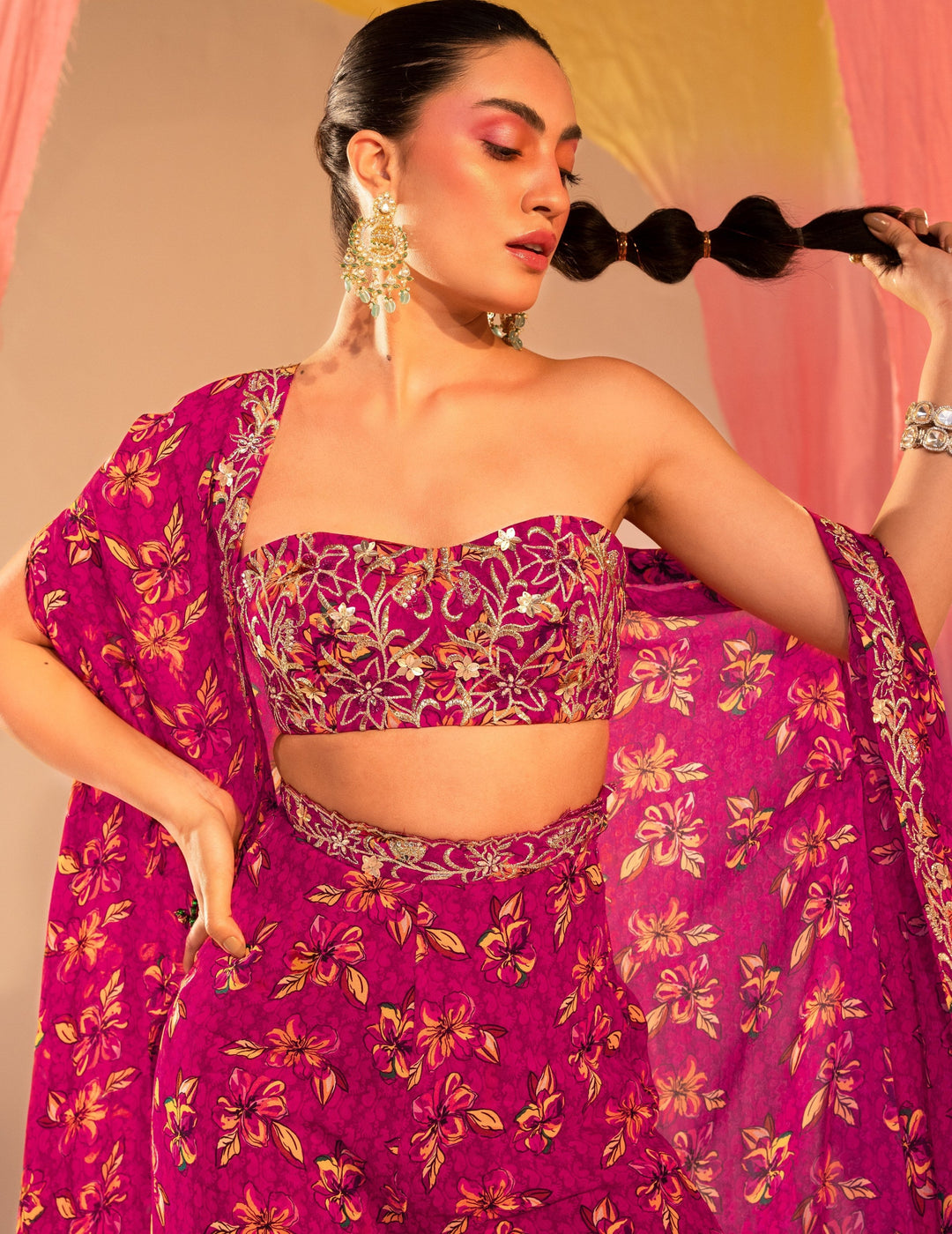 Purple Printed Cape With An Embroidered Tube Blouse And Printed Straight Pants Silky Bindra - Fabilicious Fashion