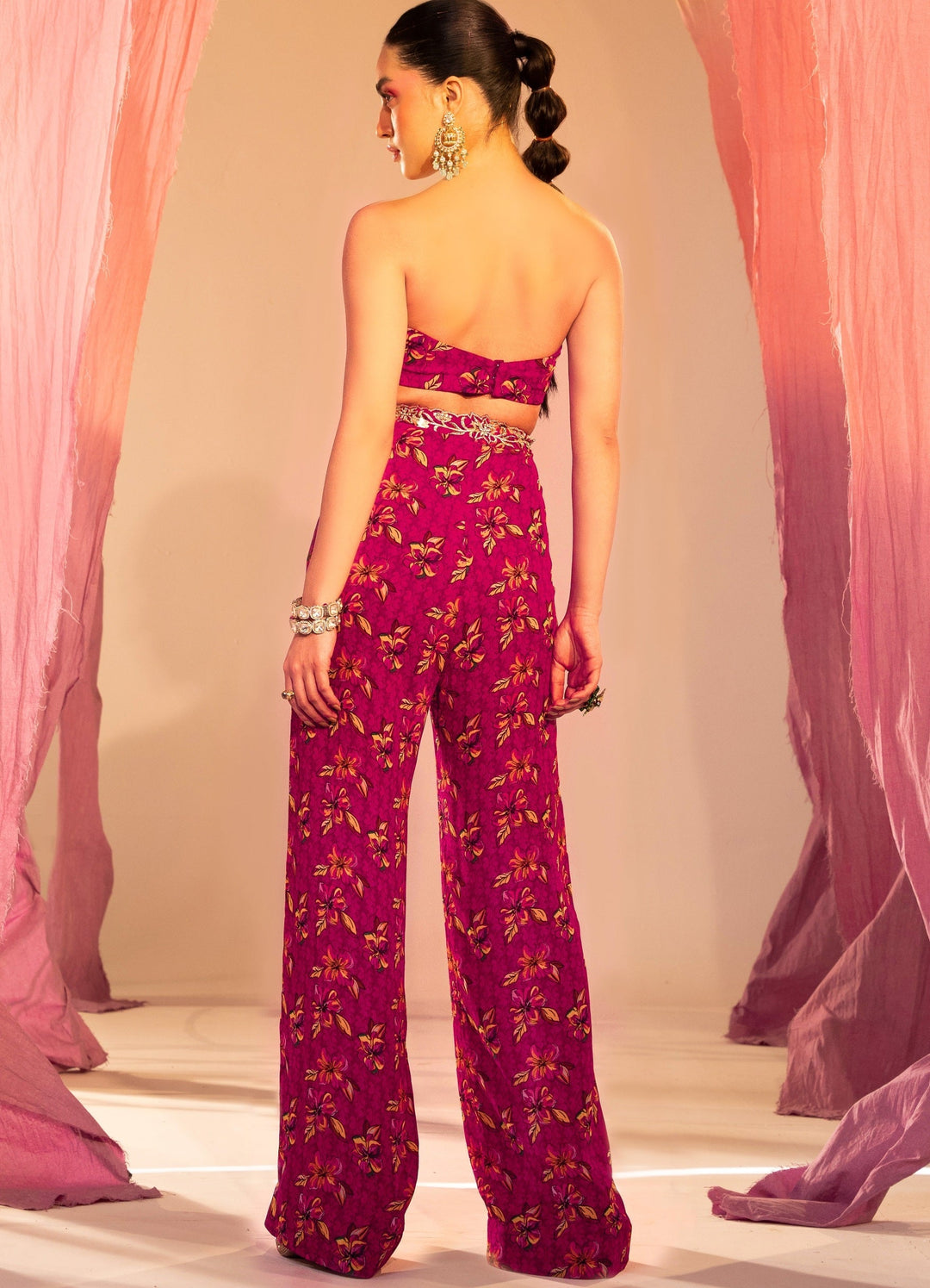Purple Printed Cape With An Embroidered Tube Blouse And Printed Straight Pants Silky Bindra - Fabilicious Fashion