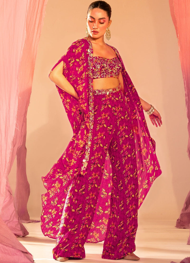 Purple Printed Cape With An Embroidered Tube Blouse And Printed Straight Pants Silky Bindra - Fabilicious Fashion