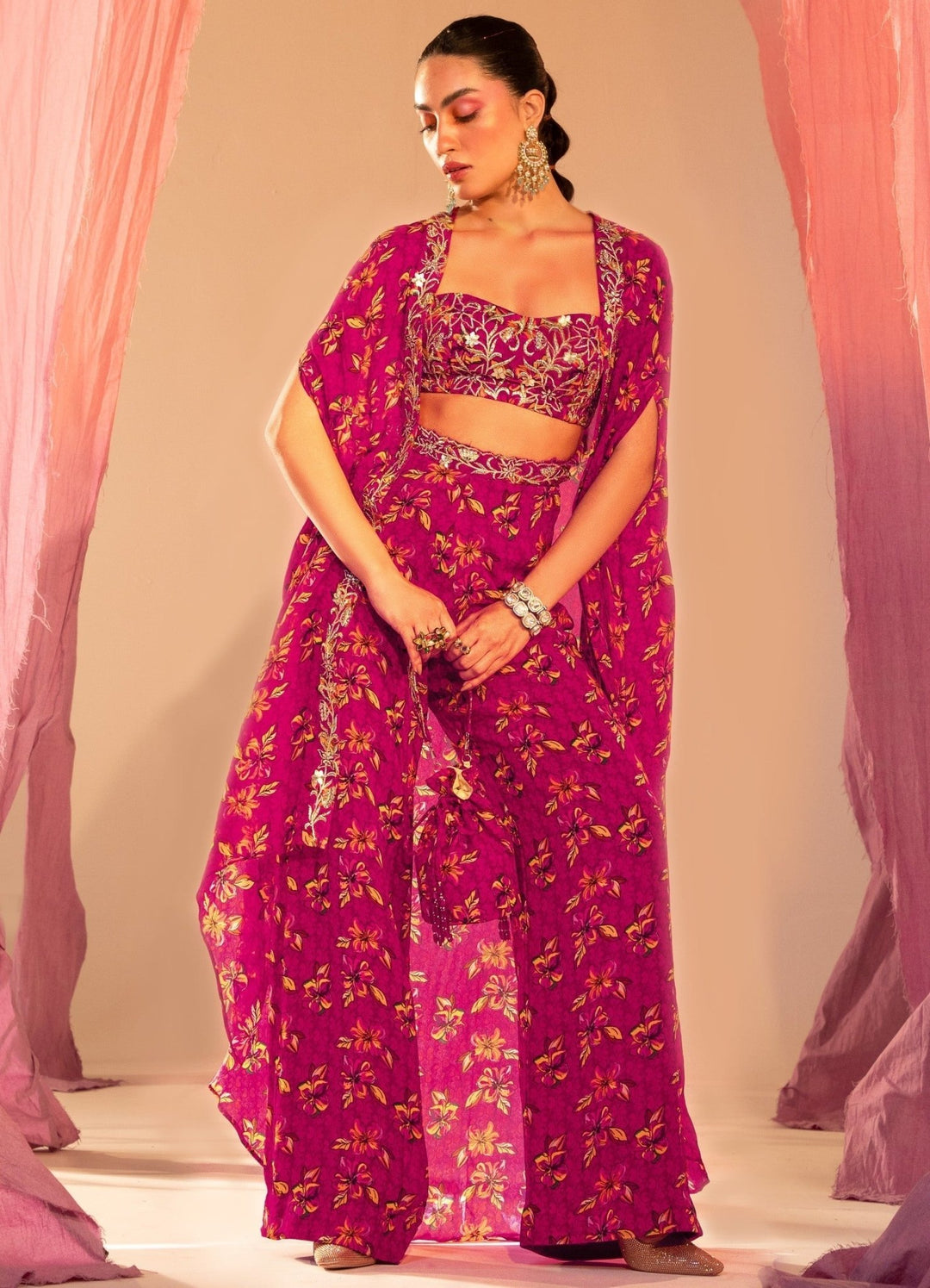 Purple Printed Cape With An Embroidered Tube Blouse And Printed Straight Pants Silky Bindra - Fabilicious Fashion