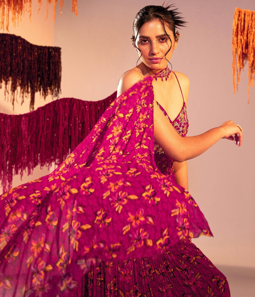 Purple Printed Embroidered Anarkali With Choker Dupatta Silky Bindra - Fabilicious Fashion