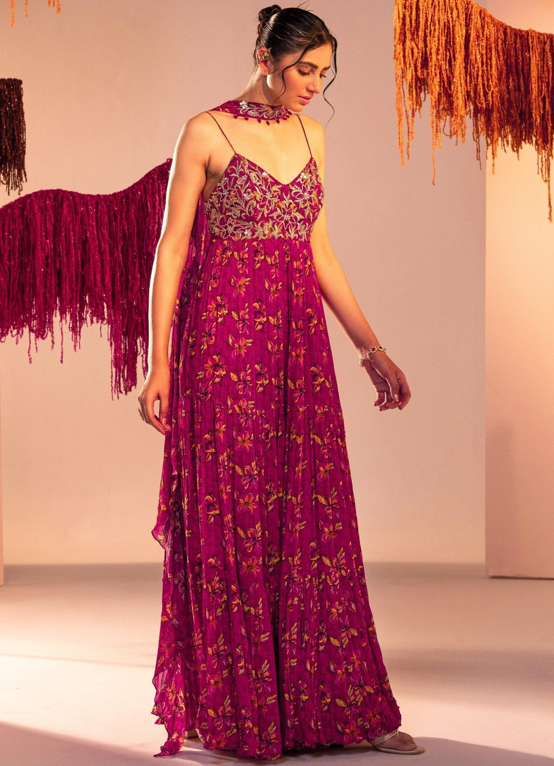 Purple Printed Embroidered Anarkali With Choker Dupatta Silky Bindra - Fabilicious Fashion
