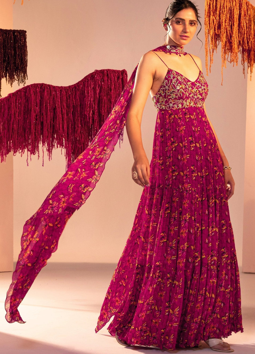 Purple Printed Embroidered Anarkali With Choker Dupatta Silky Bindra - Fabilicious Fashion