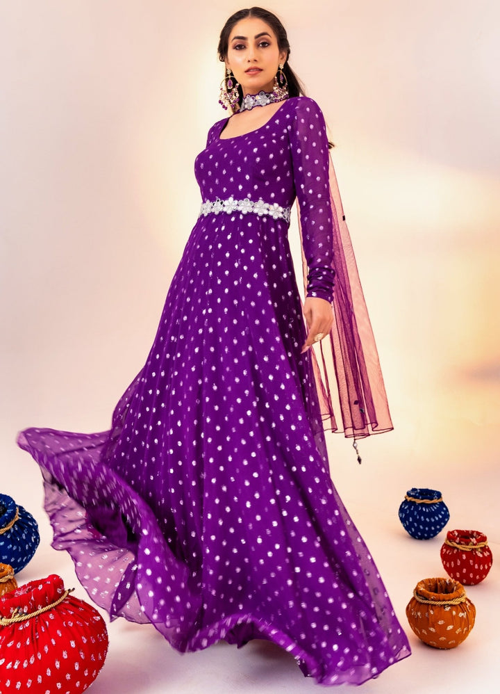 Purple Printed Georgette Anarkali Set With Belt Silky Bindra - Fabilicious Fashion