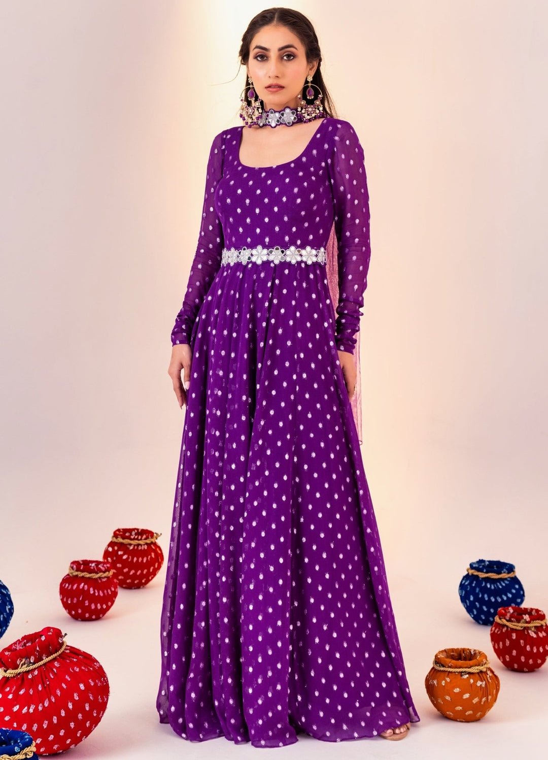 Purple Printed Georgette Anarkali Set With Belt Silky Bindra - Fabilicious Fashion