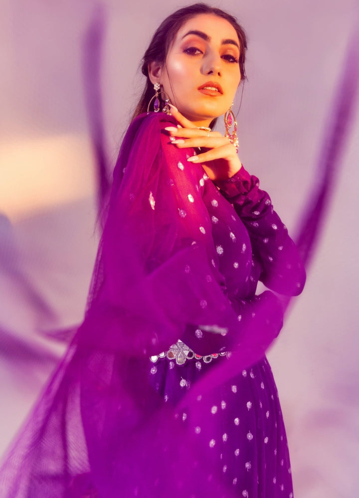Purple Printed Georgette Anarkali Set With Belt Silky Bindra - Fabilicious Fashion