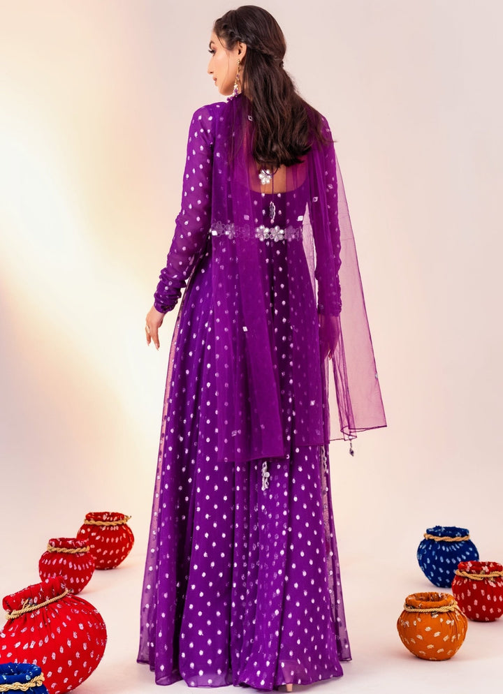 Purple Printed Georgette Anarkali Set With Belt Silky Bindra - Fabilicious Fashion
