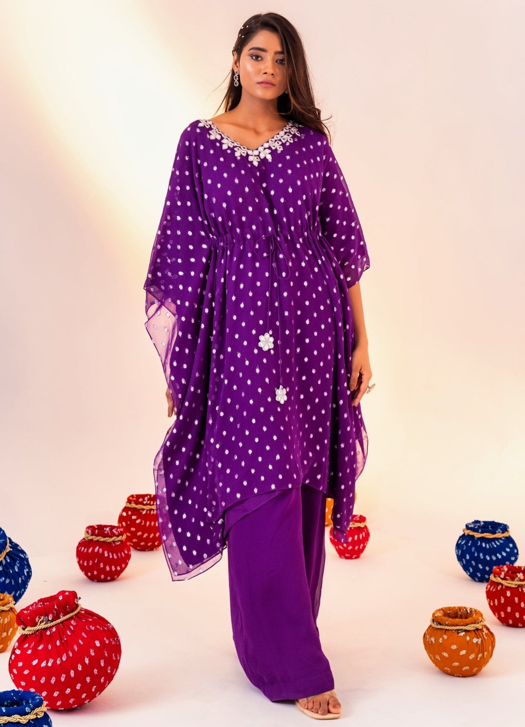 Purple Printed Georgette V-Neck Kaftan Set With Pant Silky Bindra - Fabilicious Fashion