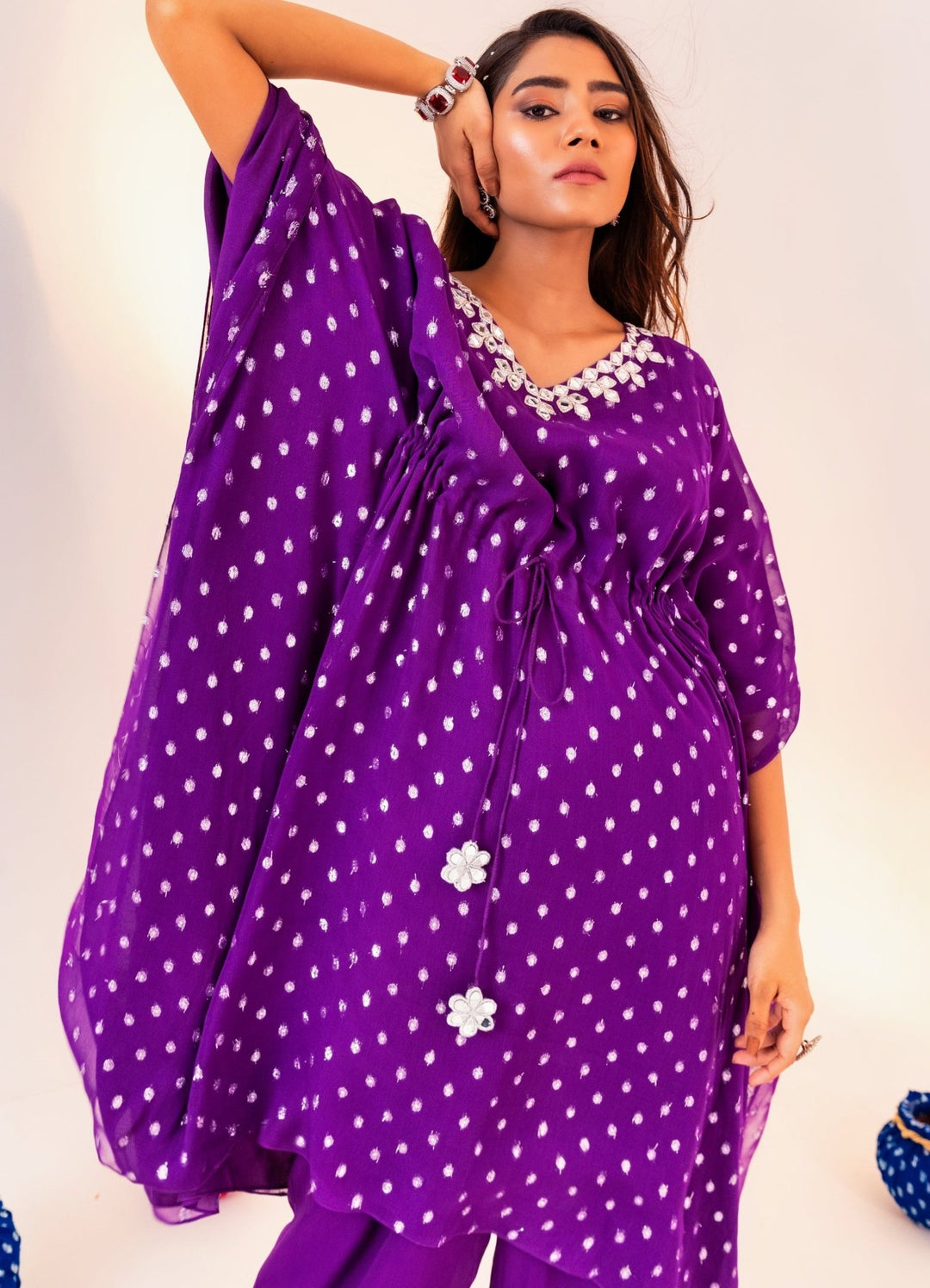 Purple Printed Georgette V-Neck Kaftan Set With Pant Silky Bindra - Fabilicious Fashion