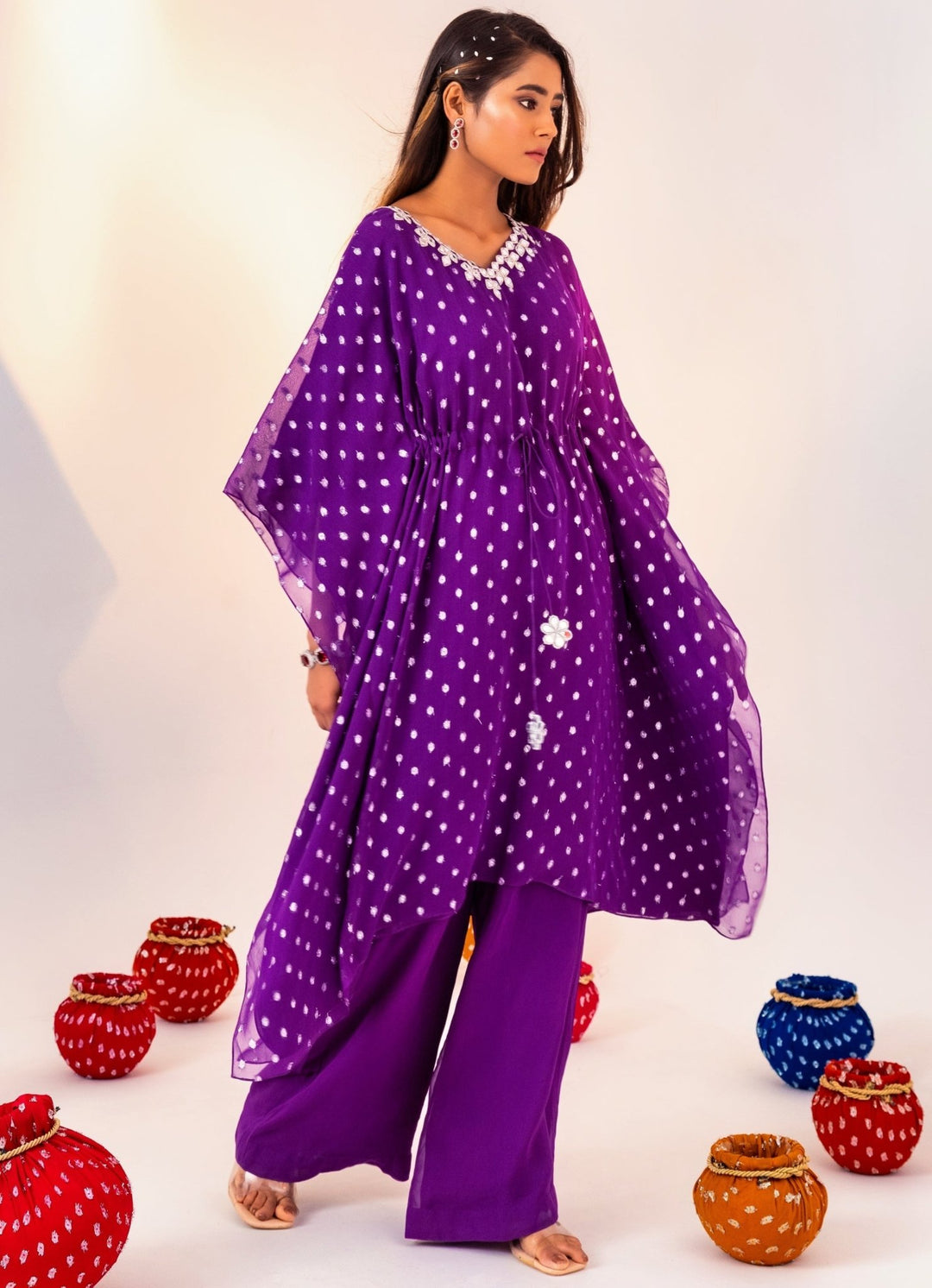 Purple Printed Georgette V-Neck Kaftan Set With Pant Silky Bindra - Fabilicious Fashion