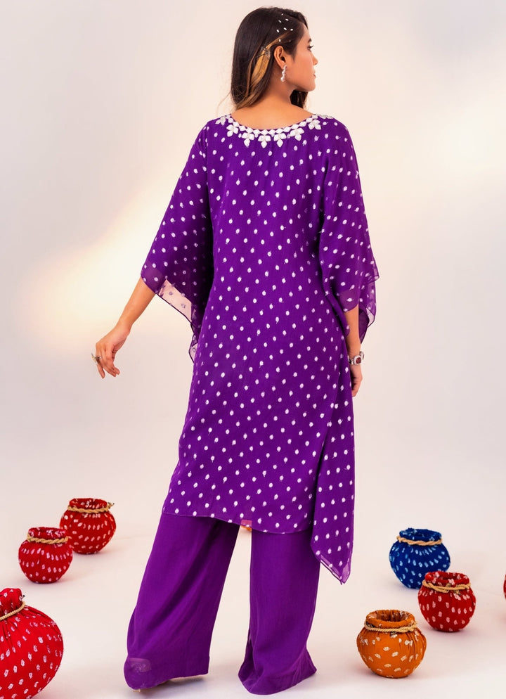 Purple Printed Georgette V-Neck Kaftan Set With Pant Silky Bindra - Fabilicious Fashion