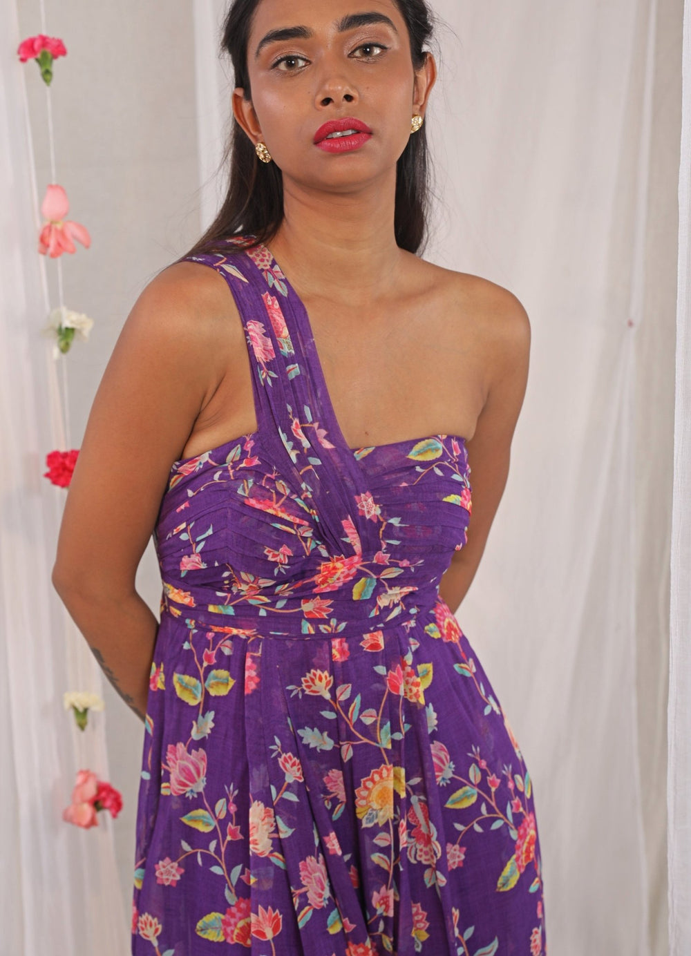 Purple Printed One Shoulder Jumpsuit Esha Koul - Fabilicious Fashion