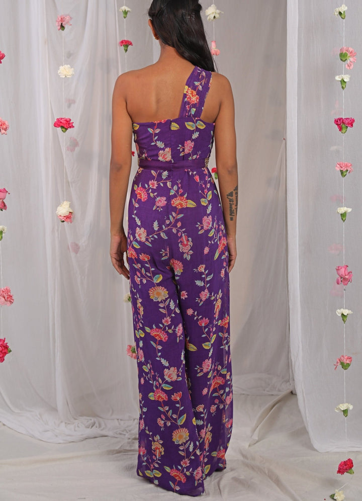 Purple Printed One Shoulder Jumpsuit Esha Koul - Fabilicious Fashion