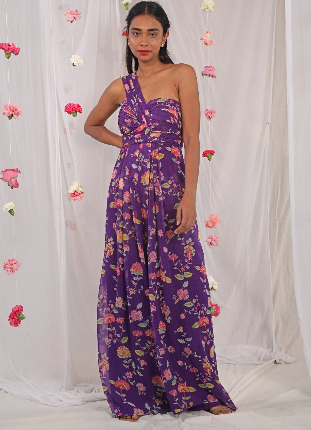Purple Printed One Shoulder Jumpsuit Esha Koul - Fabilicious Fashion