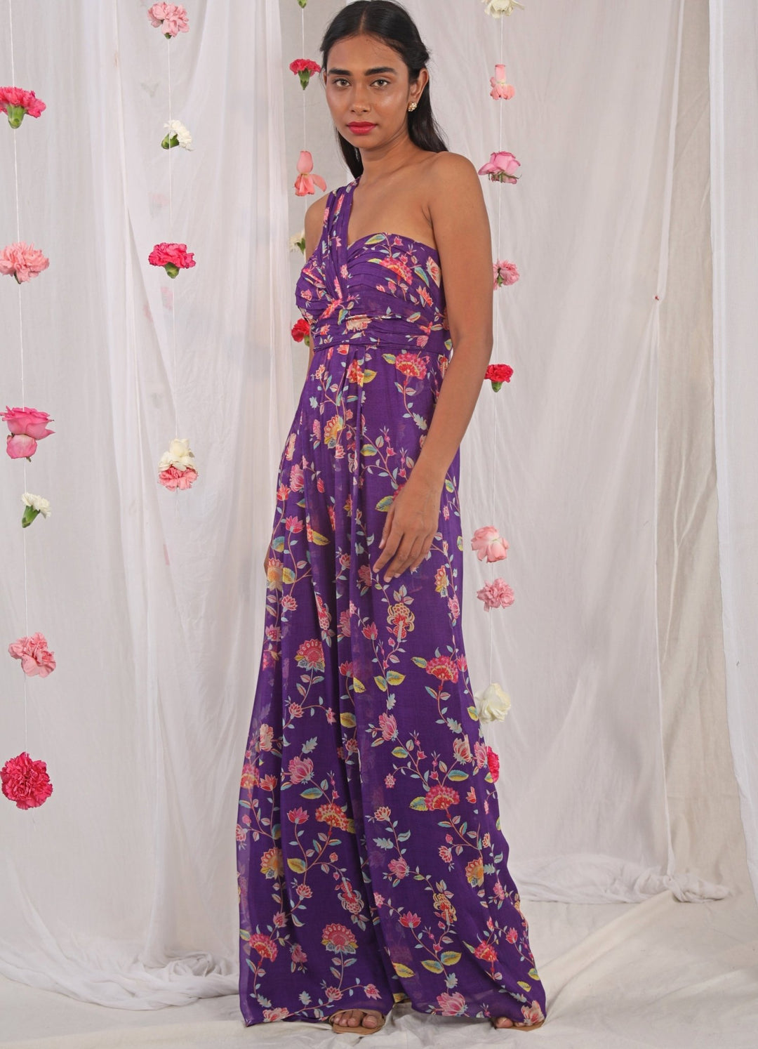 Purple Printed One Shoulder Jumpsuit Esha Koul - Fabilicious Fashion