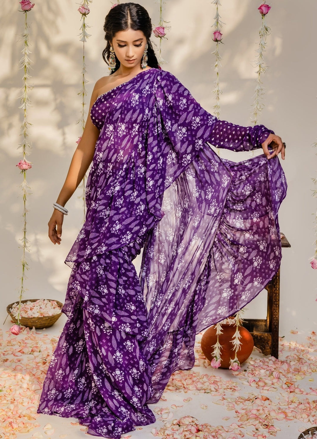 Purple Printed Ruffled Georgette Saree With One Shoulder Embellished Blouse Redpine - Fabilicious Fashion