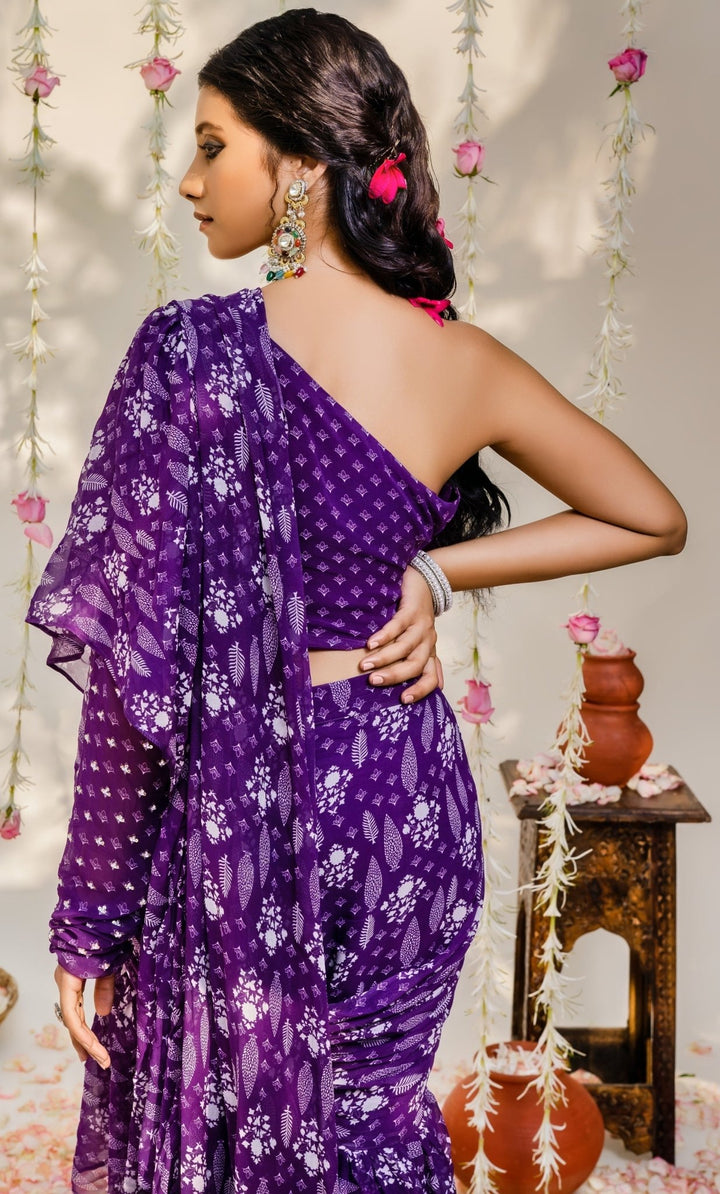 Purple Printed Ruffled Georgette Saree With One Shoulder Embellished Blouse Redpine - Fabilicious Fashion