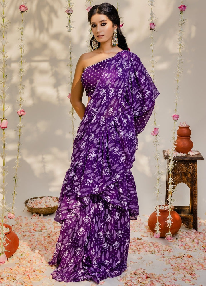 Purple Printed Ruffled Georgette Saree With One Shoulder Embellished Blouse Redpine - Fabilicious Fashion